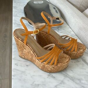 STUART WEITZMAN suede apricot with hi gloss wedge